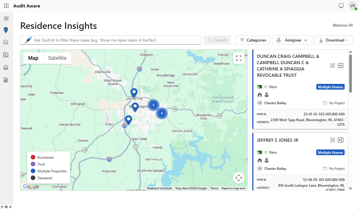 Digital Canvas geospatial view: city map with parcel pins, heat-map overlay, and AI confidence badges floating over key locations